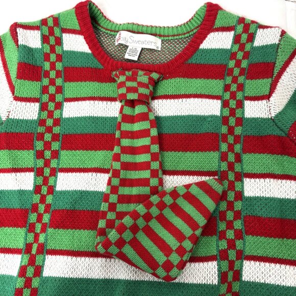 Jolly Ugly Christmas Sweater grn red white stripe faux suspenders EUC Size L - Picture 4 of 14